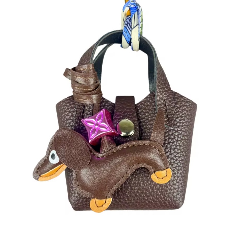 Leather Dachshund Bag Charm Keychain - Brown